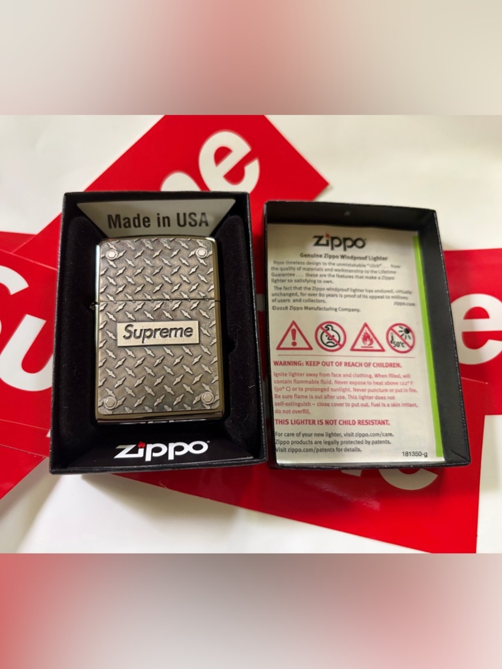 *NEW* Supreme Zippo Lighter Diamond Plate Silver SS19
